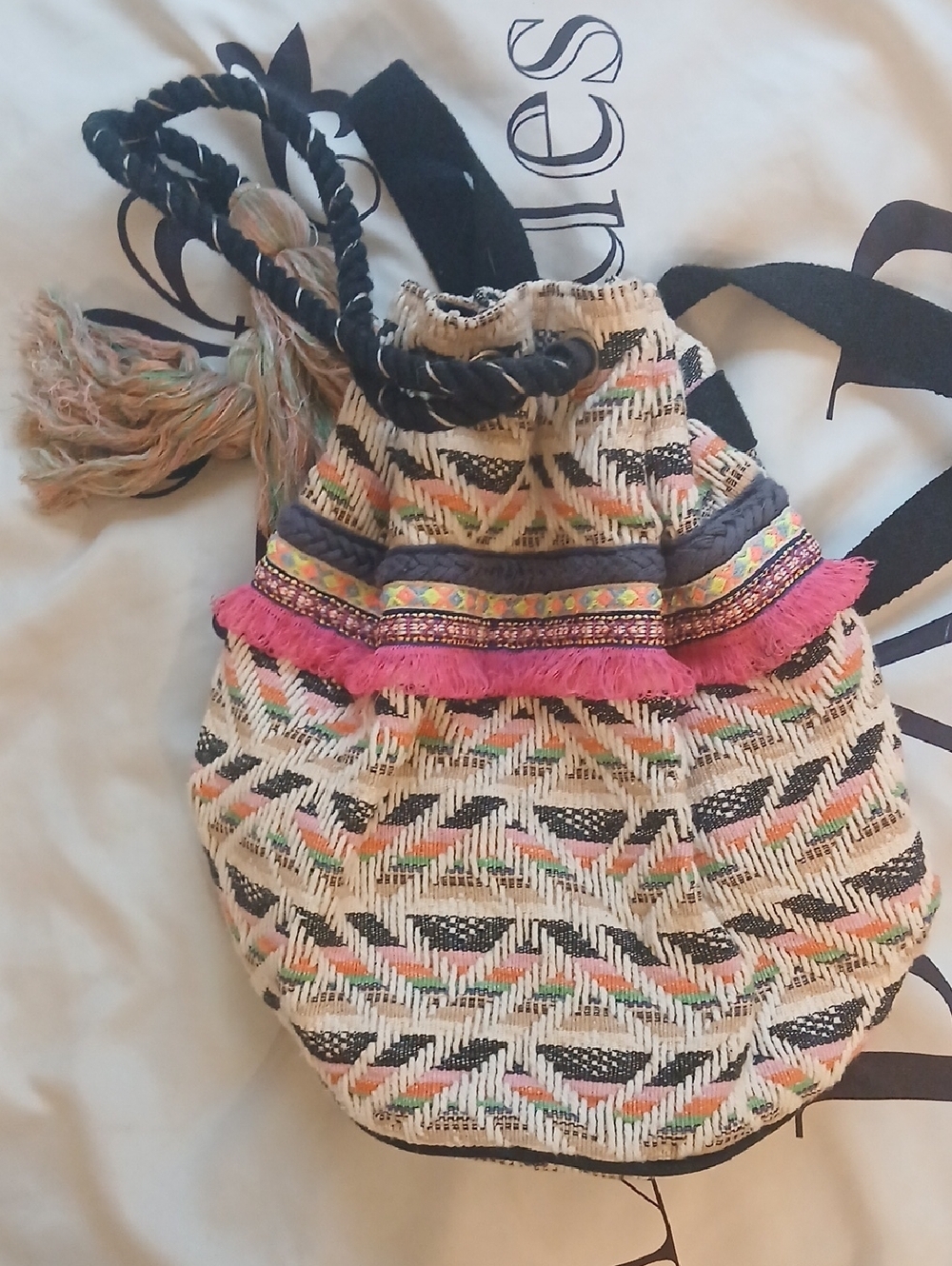 Woven Boho Drawstring Backpack with Pink Fringe
